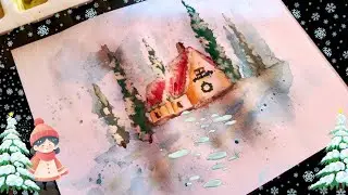 Peaceful Snowfall Scenery ❄️ | Beautiful Winter House Watercolor Painting | Paint With Me 🎨