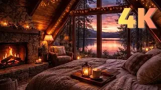 5 Hours Cozy Cabin Fireplace Ambience🔥🌲Crackling Fire & Lakeview | Sleep, Relax & Focus | QuietHours