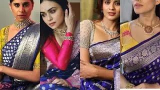 Blue Banarasi silk saree contrast blouse ideas || contrast colour blouse for Blue saree #fashion