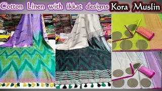 Linen Cotton Saree with Ikkat Design || Banarasi Kora Muslin Saree || Premi Collections