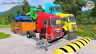 Double Flatbed Trailer Truck vs speed bumps|Busses vs speed bumps|Beamng Drive|1297