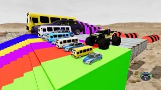 Big & Small Police Cars & Bus vs Color Stairs, Monster Truck & 100 Speed Bumps - BeamNG.drive
