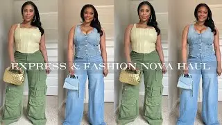 МИНИ-ПАКЕТ: топы Express (размер L) и брюки-карго Fashion Nova и джинсы Wide Leg Haul (размеры 11 и 15)
