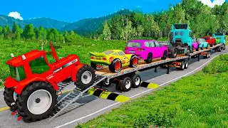 Flatbed Trailer McQueen Transportation with Truck - Speedbumps vs Cars vs Train - BeamNG.Drive #32