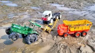 Tata Tipper Truck Sink in muddy Sand water Volvo Tractor Pulling out Cargo Truck | JCB 3dx Sink 