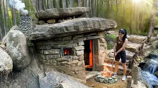 Bushcraft survival shelter in cave, clay fireplace, rain storm, off grid cliffside cabin
