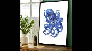 Blue Octopus Art Print | European Coastal Wall Art | Vintage Sea Life Decor