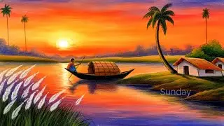 sunset village scene drawing/riverside village scenery drawing with colour/scenery drawing 