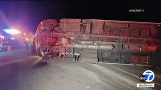 19 people injured after bus overturns on San Bernardino County highway