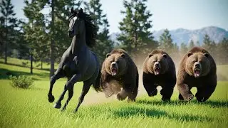 Black Arabian Horse vs 3 Grizzly Bears &ndash; Wild Chase in Open Grasslands