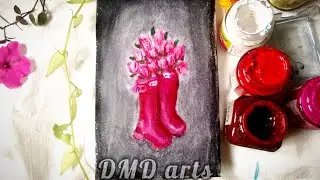 Acrylic painting time lapse pink and white tulips flowers in pink boot