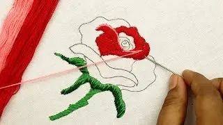 Hand embroidery Red Rose | beautiful Rose flower embroidery design made by hand with easy stitches