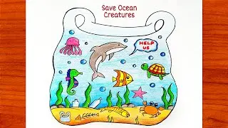 world Ocean Day Drawing|How To Draw World Ocean Day Poster|Save Ocean Drawing Easy Step By Step