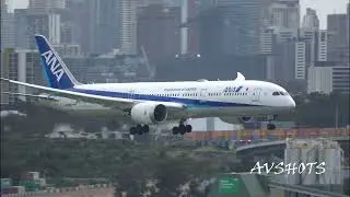 4K CLOSE UP ANA B787- 9 Flight NH879/ANA879 Landing SYDNEY INTERNATIONAL AIRPORT Runway 16R JA922A