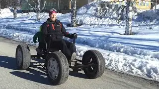 The home built pedal car made with old tyres and welded iron bars