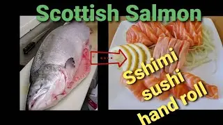 Cutting whole salmon to Sashimi, sushi, hand roll