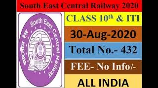 South East Central Railway Vacancy 2020|All India Gov.Job|Total- 432|10 &ITI Pass| Apply Online|