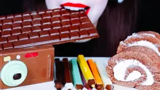 ASMR Yummy Chocolate KitKat, Roll Cake, Edible Camera and Pencils, Mukbang @HazelnutCrushASMR