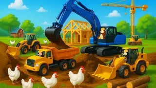 Farmer Farm Works: Tractor Transports Logs & Builds a Rooster Chicken Coop | Farm Cartoon