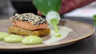 Bulgur Slices with Grilled Salmon on Sesame Crust with Salad Pea Espuma
