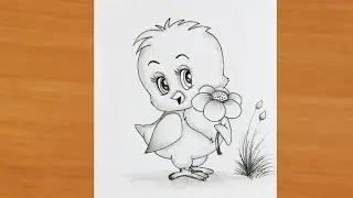 How to draw baby bird with flower || pencil sketch || Simple Art with Rose || cute bird drawing
