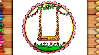 Hariyali Teej Drawing | Teej Festival Drawing | Haritalika Teej Drawing | Jhula Drawing | Sawan