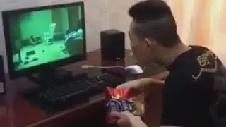 Fearful man breaks his computer/