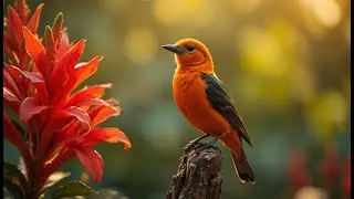 Peaceful Birdsong in Tropical Garden 🌿 Orange Bird & Red Flowers | Relaxing Sounds for Meditation
