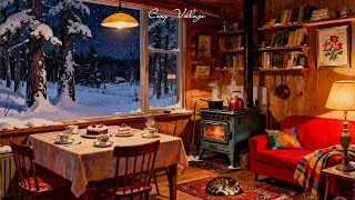a cozy snowy new year&rsquo;s eve night with 1950s vintage oldies playing in another room for calm, study
