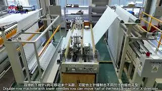 Computerized multi head large rotary hook quilting machine+Four side sewing machine 电脑多头旋梭绗缝机+锁四边生产线