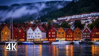 Bergen, Norway 🇳🇴 | Rainy Blue Hour Walking Tour | City Lights & Cozy Evening Ambience | 4K