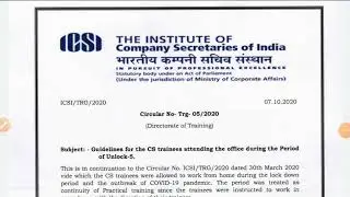 ICSI : Guidelines for the CS trainees attending office during the period of unlock-5