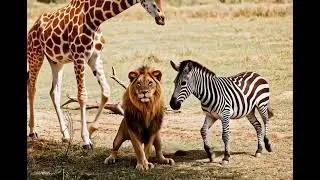 The lion sits up, his friends the zebra and giraffe come over, the camera follows him them style 😍