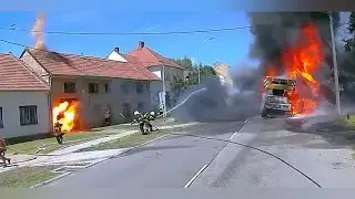 Burning tire explosion.  Dangerous work of firefighters.