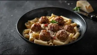 Creamy Mushroom Macaroni with Juicy Meatballs & Bacon.Easy Comfort Pasta Recipe
