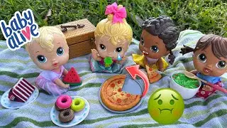 NEW Baby alive crib life dolls Afternoon routine ☀️ picnic at park 🥪 Ella gets sick! 🤮