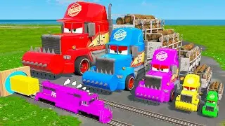 Big & Small Long Mack Truck with Logs vs Long Slide Game - Trains vs Portal Trap | BeamNG.Drive #27