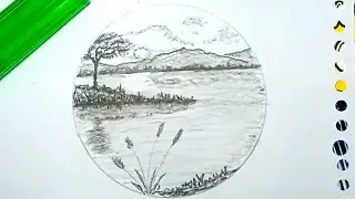 drawing a lake with a mountain background
