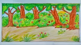 How to draw easy Jungle scenery step by step. Easy Jungle landscape painting.