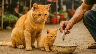 Orange Cat Mom 🐱❤️ Begs for Food in the Marketplace to Feed Her Little Kitten 🐾🍂 #kitten #cat