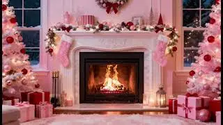 Pink Christmas fireplace & snowy night ambience 🎀 preppy aesthetic cozy holiday background fire ASMR