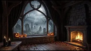 4K 3 HOURS Spooky Halloween Fireplace Ambience 🎃 Haunted Cemetery Fog Outside the Window |