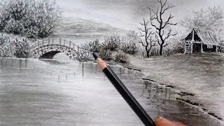 landscape drawing of a water lake with a hut// Pencil drawing//