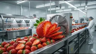 Inside the Strawberry Factory &ndash; How Fan-Cut Strawberries Are Made  #industrialprocess #fruitfactory
