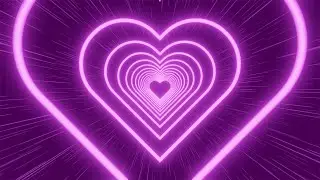 Neon tunnel of purple hearts on a dark purple striped background. Video Loop