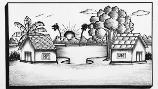 How To Draw Simple Village Scenery||Beautiful Sunrise Nature Drawing||Village House And Tree Drawing