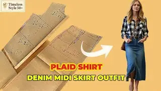 Elegant Plaid Shirt & Denim Midi Skirt Outfit Pattern for Women 50+ | Classy & Easy Sewing Tutorial