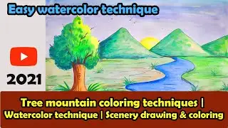 Tree mountain coloring techniques | Watercolor technique | Scenery drawing & coloring