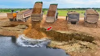 OMG,!!Unbelievable Land Sink !! Dump Trucks Try To Dumping And Recovery the Land With Bulldozer