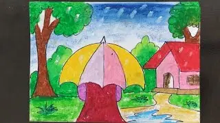 How to draw Rainy season ☔|| rainy season drawing  || monsoon scenery drawing 